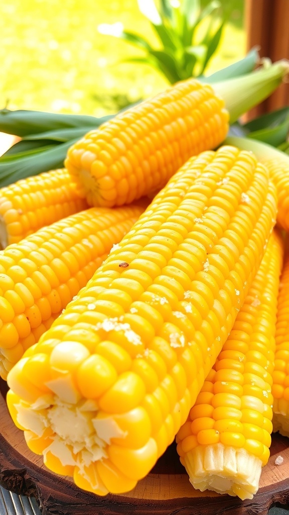 Corn on the Cob Recipe Freshly cooked corn on the cob with butter and salt on a rustic platter.